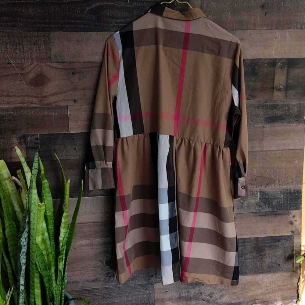 Burberry Tan, Black, White & Pink Plaid Long Sleeve Dress - Picture 6 of 11